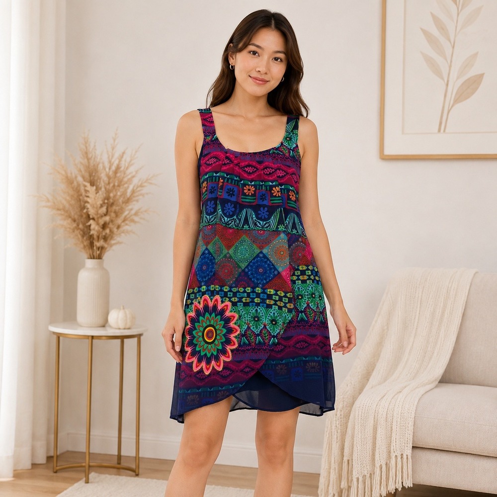 Desigual Dress Sz 36 Small Multicolor Sleeveless Geometric Floral Boho Festival